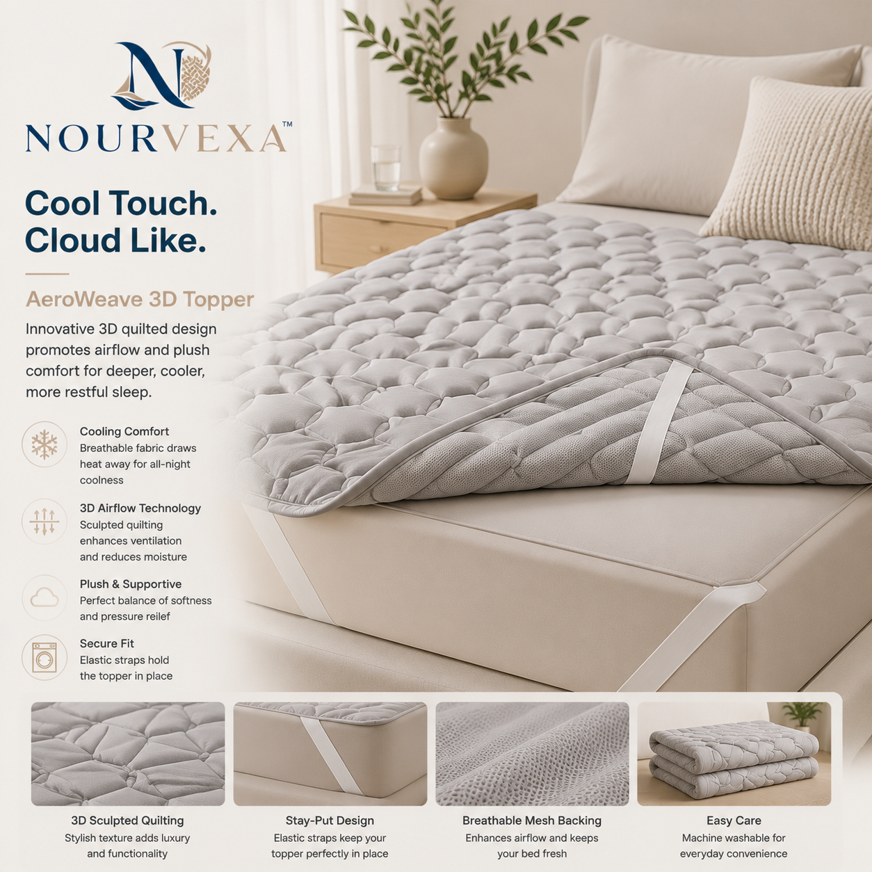 Nourvexa™ AeroWeave 3D Cooling Mattress Topper